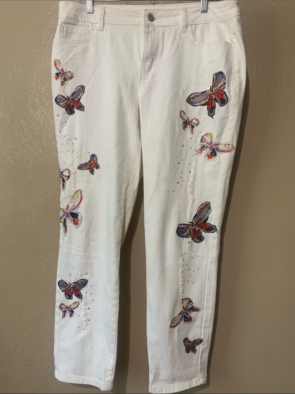 Boston Proper size 10 White Denim Jeans Butterflies 🦋 Faux Dress Diamonds